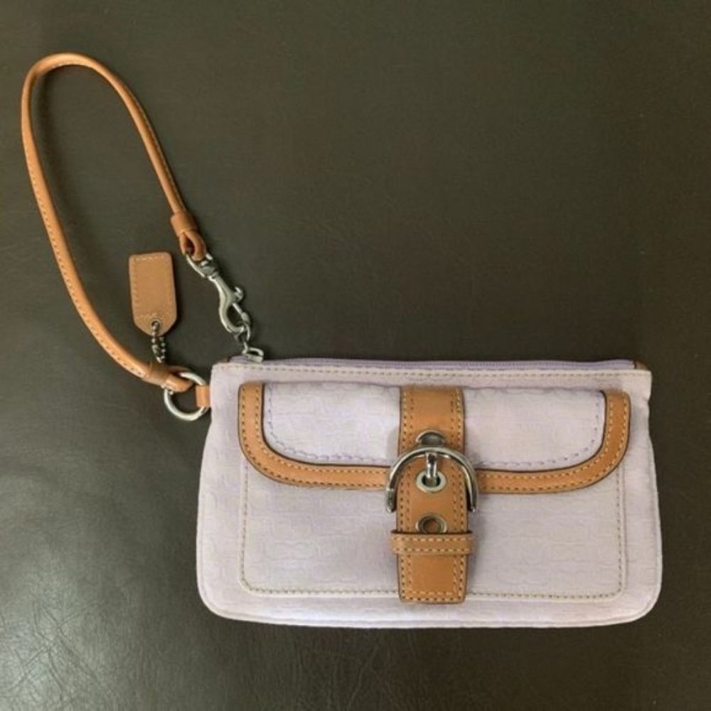 Coach Monogram Lavender Wristlet Tan Leather